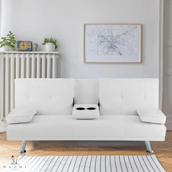 Naomi Home Low Profile Design: Convertible Folding Futon Sofa Bed Sleeper Couch for Living Room Faux Leather Upholstered Futon Sofa with Armrests, Metal Legs, 2 Cup Holders, White