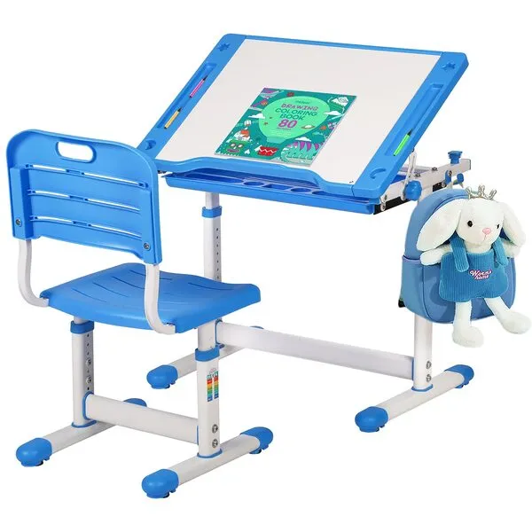 FDW Kids Study School Adjustable Height Table with Storage Blue