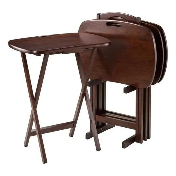 Pemberly Row 5-Piece Transitional Solid Wood Snack Table Set in Walnut