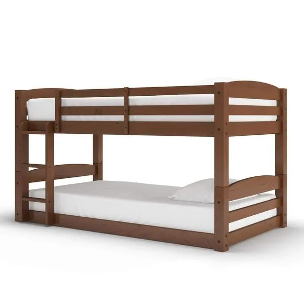 DHP Phoenix Convertible Low Wood Floor Bunk Bed, Stackable and Detachable Bed Frames for Kids, Solid Wood, with Ladder, High Guardrail, Wood Slats, No Boxspring Required, Twin-Over-Twin, Mocha