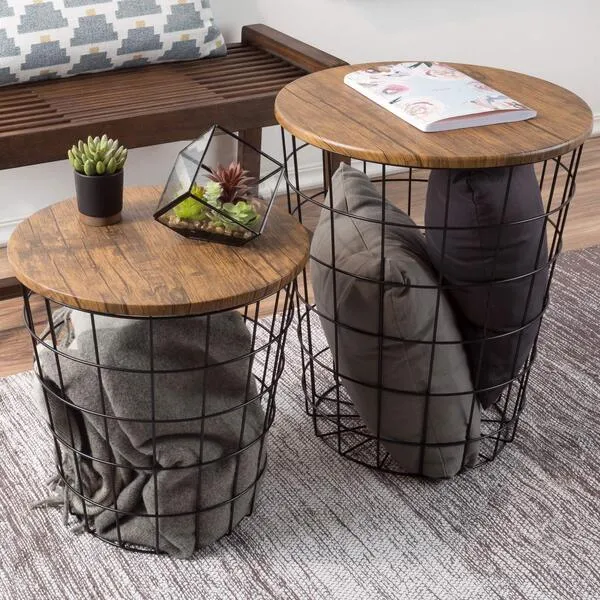 Lavish Home Nesting End Tables with Wood Tops and Metal Wire Basket for Living Room, Home, and Office, Set of 2, Round Brown