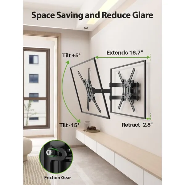 USX MOUNT UL Listed Full Motion TV Mount, Swivel Articulating Tilt TV Wall Mount for 26-55Inch LED, 4K TVs, Wall Mount TV Bracket with VESA 400x400mm Up to 77lbs, Perfect Center Design -XMM006-1