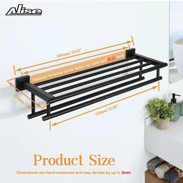 Alise Towel Rack for Bathroom and Lavatory,24 Inch Tower Holder Towel Hanger with Double Towel Bars for Bath Wall,Wall Mount SUS304 Stainless Steel Tower Shelf Matte Black,GZ8000-B