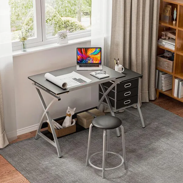 ZENY Drafting Table and Stool, Tilted Draft Table Desk w/Drawers, Artist Drawing Desk Craft Table for Drafting, Painting, Reading, Writing