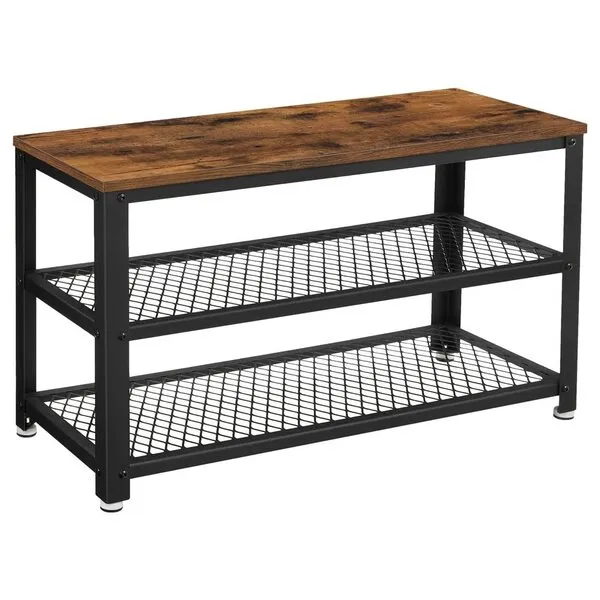 VASAGLE, 3-Tier Shoe Rack, Shelf Storage Bench with Metal Mesh Shelves and Seat, Free Standing Shoe Organizer for Entryway, 11.8 x 28.7 x 17.7 Inches, Rustic Brown and Black ULBS73X