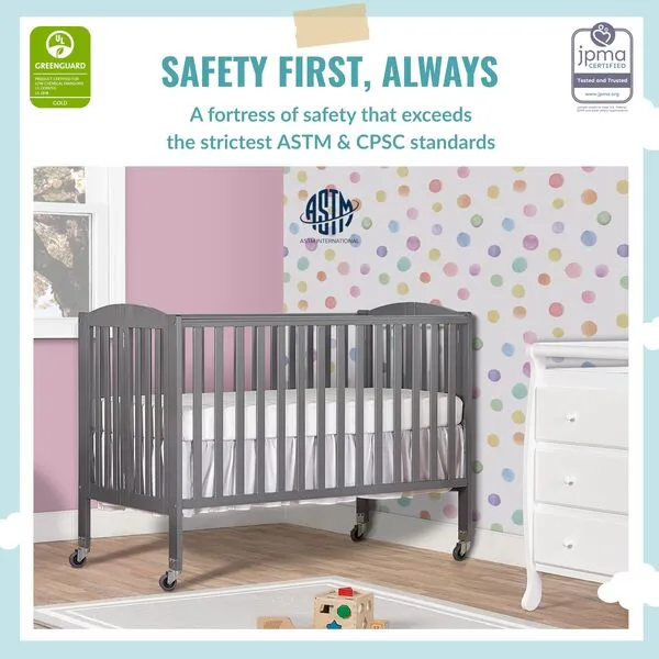 Dream On Me Folding Full Size Convenience Crib In Storm Grey, Two Adjustable Mattress Height Positions, Comes With Heavy Duty Locking Wheels, Flat Folding