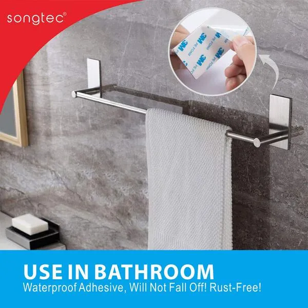 Songtec Bathroom Towel Bar 16-inch, No Drill Stick On Towel Rack, Easy Install with Self-Adhesive, Premium SUS304 Stainless Steel - Brushed Nickle