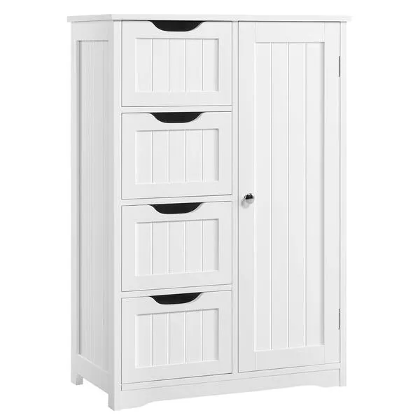 Yaheetech Wooden Floor Cabinet, Side Storage Organizer with 4 Drawers and 1 Cupboard, Freestanding Entryway Storage Unit Console Table, Bathroom Furniture Home Decor, White