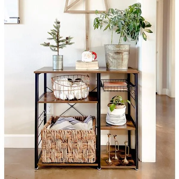 VASAGLE ALINRU Kitchen Baker’s Rack, Coffee Bar, Microwave Oven Stand, with Steel Frame, Wire Basket, 6 Hooks, 35.4