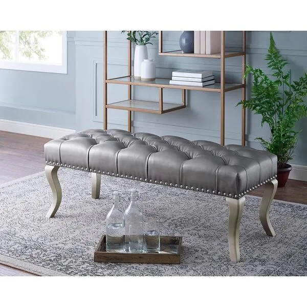 Roundhill Furniture Maxem Tufted Faux Leather Upholstered Seat with Nailhead Trim Bench, Champagne