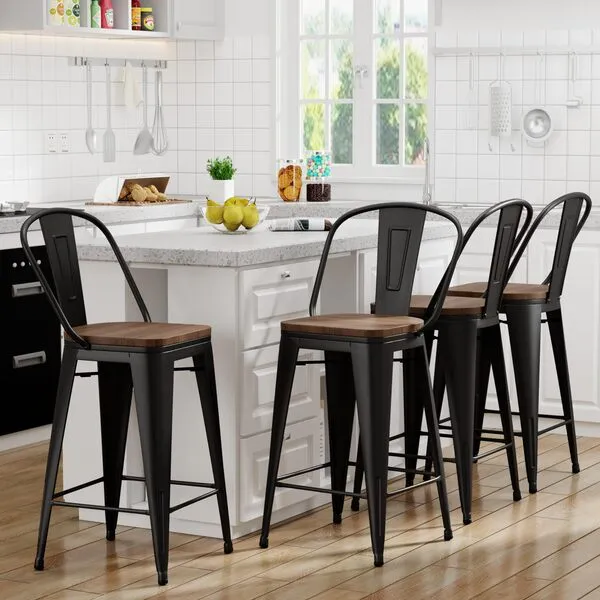 Yongqiang Barstools Set of 4 Counter Height Bar Stools for Kitchen Island Farmhouse Metal High Back Bar Chairs Wooden Seat 24