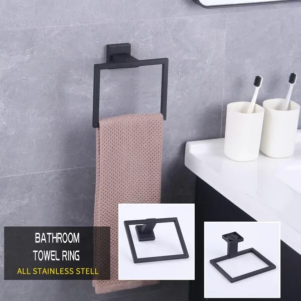 GERZWY Modern Black Towel Holder SUS304 Stainless Steel Towel Hanger Towel Ring for Bathroom Lavatory Wall Mount Contemporary Style JG1906-BK