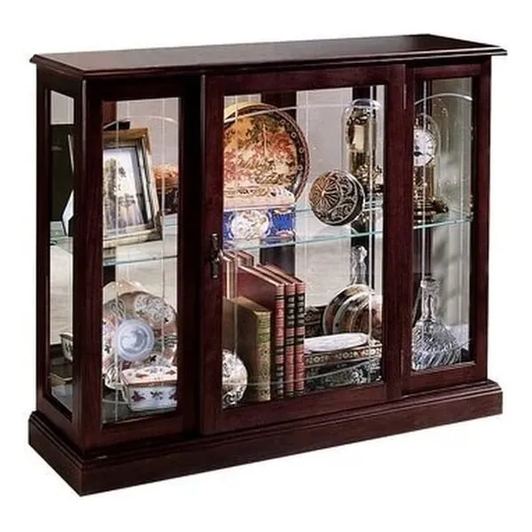 Home Fare Ridgewood Glass Mirrored Curio China Cabinet Console in Cherry, Fully Assembled, Lighted