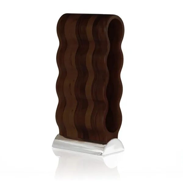 nambe Curvo Wine Rack | Wooden Wine Rack for Countertop | Wine Bottle Stand for Home Décor | Made of Acacia Wood and Silver Alloy, Espresso Colored | Designed by Steve Cozzolino