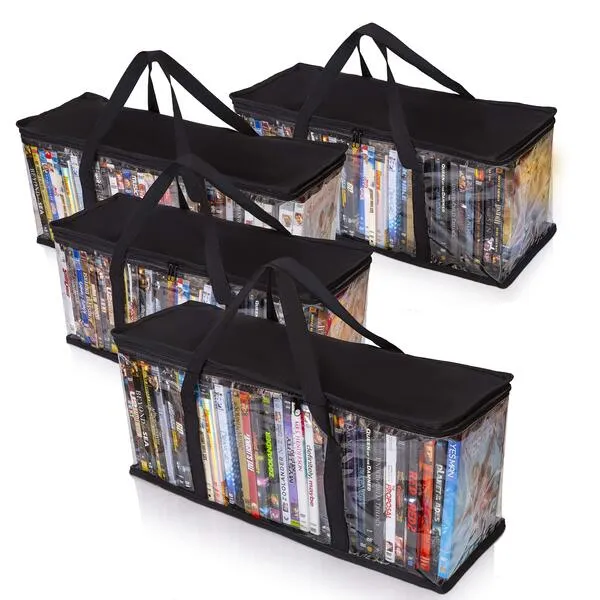 Besti Premium Quality Home DVD Storage Bags (4-Pack) Holds 160 Total Movies or Video Games, Blu-ray, | Convenient Travel Case for Media | Stackable, Easy to Carry (Black)