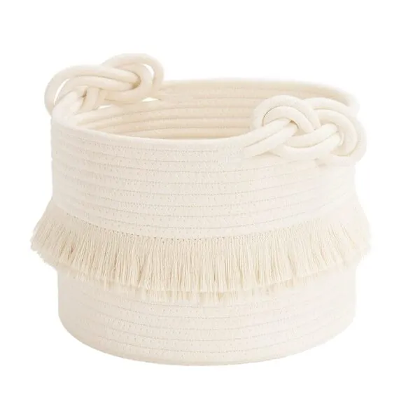 CherryNow Small Woven Storage Baskets Cotton Rope Decorative Hamper for Diaper, Blankets, Magazine and Keys, Cute Tassel Nursery Decor - Home Storage Container – 9.5\'\' x 7\'\' Off-white