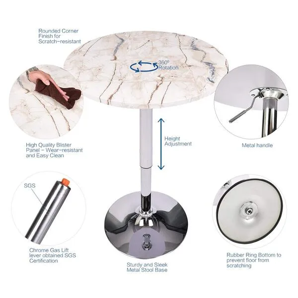 ARTETHYS Bar Table Set of 3 – Adjustable Round Table and 2 Swivel Pub Stools (Marble Table and White Chairs-2)