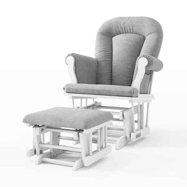 Child Craft Cozy Glider Rocker and Ottoman Set, Padded Cushion with Convenient Storage Pockets, Solid Wood Base & Frame (Matte White with Light Gray Cushion)