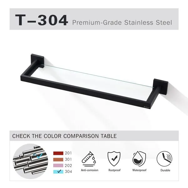 BUVELOT Bathroom Shelf, Glass Shelf for Bathroom, 22.32 Inch Large, 8mm Extra Thick Tempered Glass Shelves Wall Mounted, Square Modern Rectangular, Matte Black,No Assembly, 071090-MB