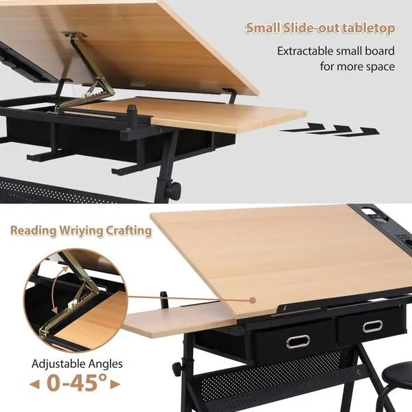 JupiterForce Drafting Table Art Desk with 2 Storage Drawers, Height Adjustable Drawing Table for Painters, Working, Writing, Home Office, Natural