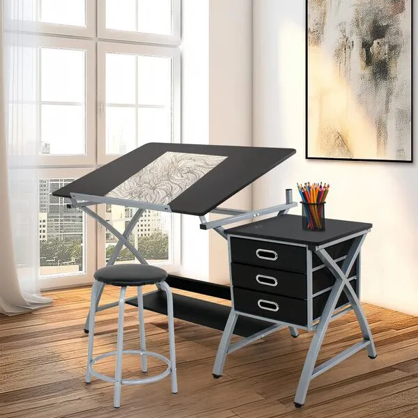JupiterForce Drafting Table with Tiltable Tabletop and Stool, 3 Storage Drawers, Art Desks for Adults, Painters, Work Station, Home Office, Black