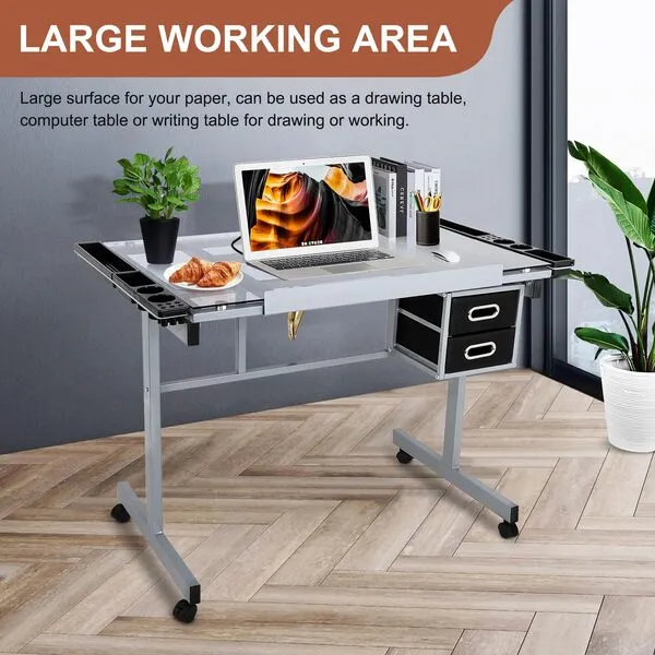 JupiterForce Adjustable Drafting Table Art Desk Drawing Table Versatile Art Craft Work Station Glass Tabletop w/2 Slide Drawers and Wheels for Reading, Writing, Painting Home Office