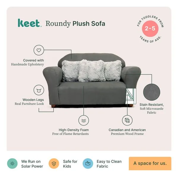 Keet Plush Childrens Sofa with Accent Pillows, Charcoal/Grey