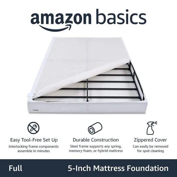 Amazon Basics Smart Box Spring Bed Base, 5 Inch Mattress Foundation, Tool-Free Easy Assembly, Full, White