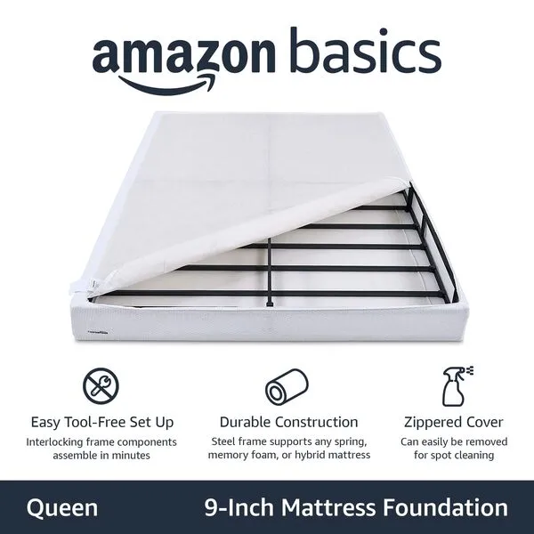 Amazon Basics Smart Box Spring Bed Base, 9 Inch Mattress Foundation, Strong Metal Frame, Quick Tool-Free Easy Assembly, Queen, White