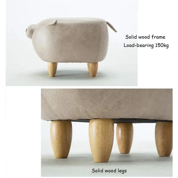 Footstool Solid Wood Footstool PU Leather Upholstered Pouffe Stool Cute Pig Children's Stool Sofa Change Shoes Bench (Beige) Sofa Stool
