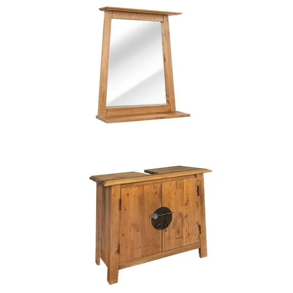 vidaXL Solid Pinewood Bathroom Furniture Set- Rustic Style Vanity Cabinet and Mirror - Brown
