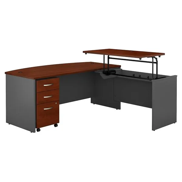 Bush Business Furniture Series C 3 Position Bow Front Sit to Stand L Shaped Desk with Mobile File Cabinet, 72W x 30D, Hansen Cherry/Graphite Gray