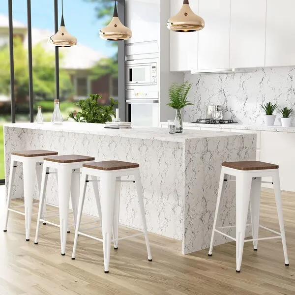 Andeworld Bar Stools Set of 4 Stackable Metal Bar Stools Industrial Counter Height Stools Backless Barstools with Wooden Seats (26 inch, White with Wooden Seats)