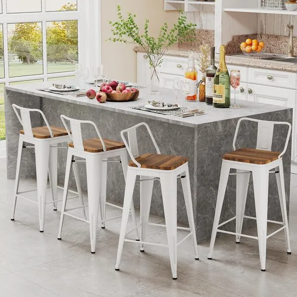 Andeworld Metal Bar Stools Set of 4 Kitchen Counter Stools Bristro Barstools Industrial Bar Stools (24 Inch,Cream White with Wooden Seats)