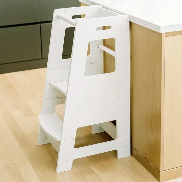 KidzWerks Child Standing Tower Kids Kitchen Step Stool Toddler Wood Stepping Stool - Children\'s Montessori Stool - Adjustable Platform, White