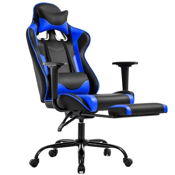 BestOffice Gaming Chair with Footrest,Ergonomic Office Chair,Adjustable Swivel Desk Chair,Reclining Computer Lumbar Support and Headrest,Racing Style Video Gamer (Blue)