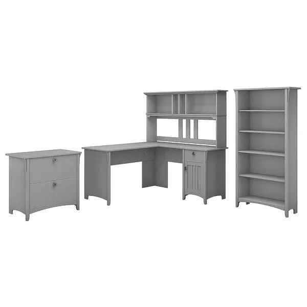 Bush Furniture Salinas 60W L Shaped Desk with Hutch, Lateral File Cabinet and 5 Shelf Bookcase in Cape Cod Gray