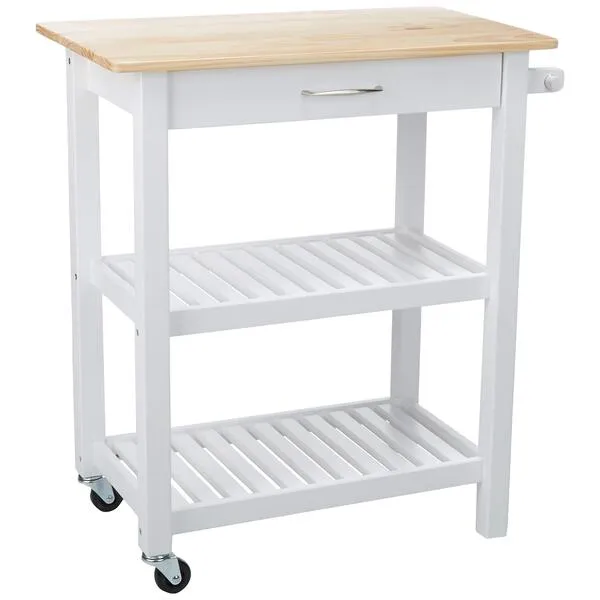 Amazon Basics 2 shelves Kitchen Island Cart with Storage, Solid Wood Top and Wheels, 35.4 x 18 x 36.5 inches, Natural / White