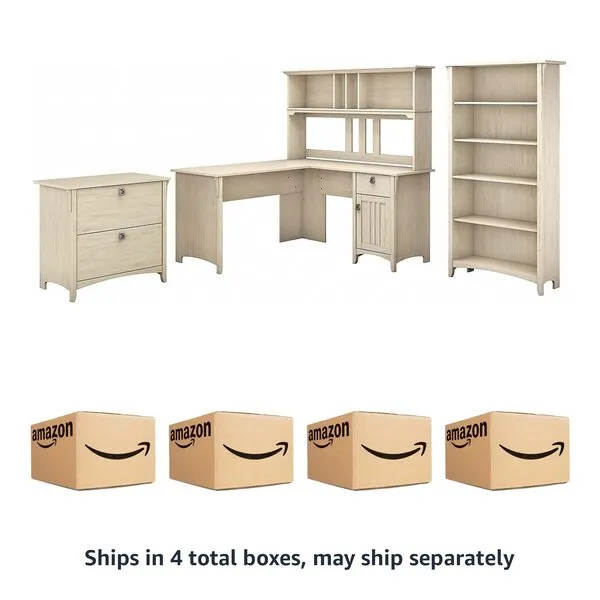 Bush Furniture Salinas 60W L Shaped Desk with Hutch, Lateral File Cabinet and 5 Shelf Bookcase in Antique White