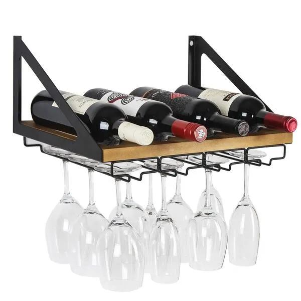 JACKCUBE DESIGN Rustic Wood Wall Mount Wine Rack with 4 Metal Wire Glass Holder Home Kitchen Décor Storage Rack- MK478A
