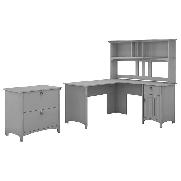 Bush Furniture Salinas 60W L Shaped Desk with Hutch and Lateral File Cabinet in Cape Cod Gray