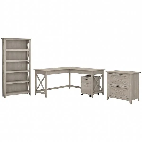 Bush Furniture Key West 60W L Shaped Desk with File Cabinets and 5 Shelf Bookcase in Washed Gray