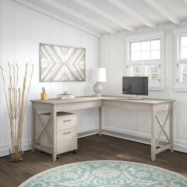 Bush Furniture Key West 60W L Shaped Desk with 2 Drawer Mobile File Cabinet in Washed Gray