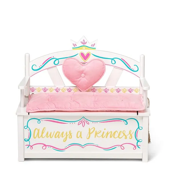 Wildkin Kids Princess Wooden Bench Seat with Storage, Toy Box Bench Seat Features Safety Hinge, Padded Backrest, Seat Cushion, and Two Carrying Handles, Measures 32 x 15.5 x 27.5 Inches (White)