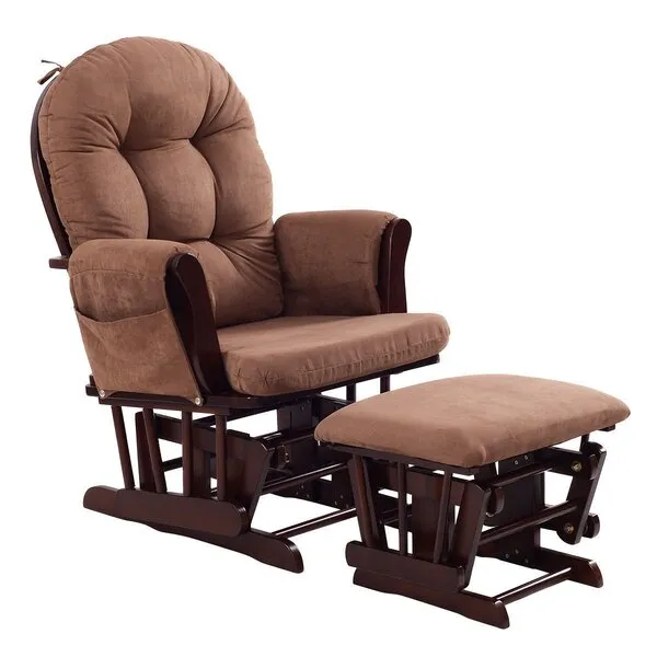 LHONE Rocking Chair Wood Heavy Duty Rocking Chair with Ottoman Cushion Set Baby Nursery Rocking Chair Glider with Adjustable Backrest for Living Room (Brown)