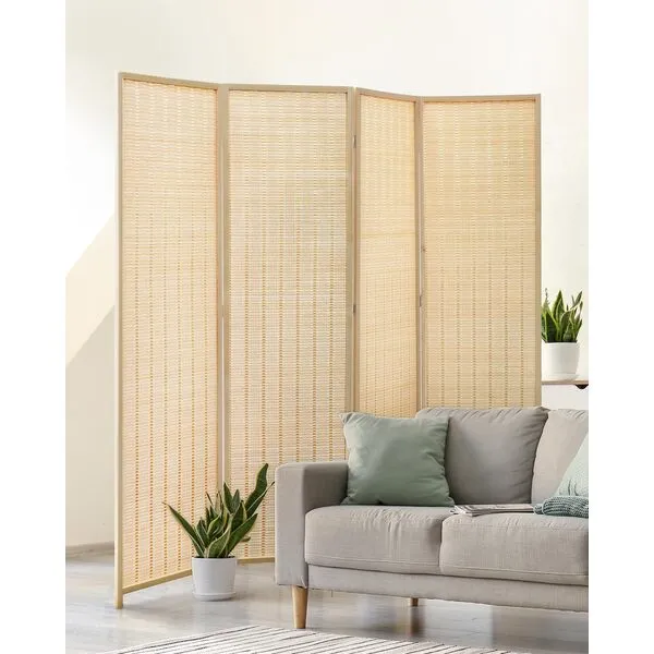 JOSTYLE Room Divider 4 Panel Folding Privacy Screen, Bamboo Room Divider Screen - 6 ft. Tall Wall Divider for Room Separation Freestanding Partition Separators, Beige