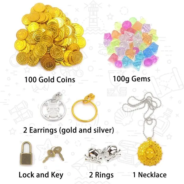 Kids Pirate Treasure Chest Toy Box Antique Color with Lock for Party Favors Props Decoration/Kids Storage Treasure Chest with (100 Plastic Gold Coins+100g Gems+2Earrings+2Rings+1Necklace)
