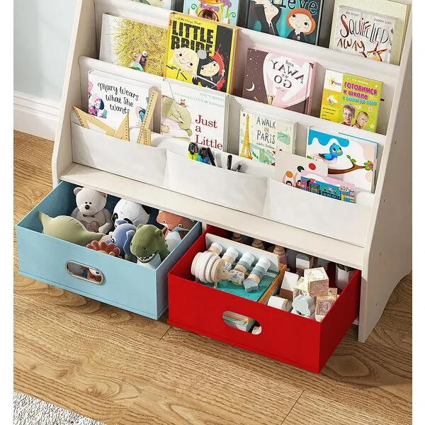 SEIRIONE Sturdy Kids Bookshelf, Book Shelf for Kids Room with Tear-Proof Cotton Sling, Eco-Safe Toddler Bookshelf, Easy Reach Childrens Bookshelf with 2 Cube Bins for Books & Toys, Beige/Wood Texture