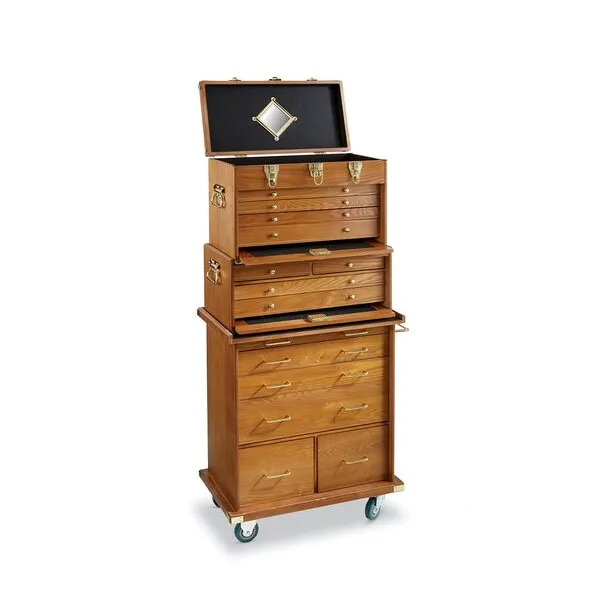 CASTLECREEK 4-Drawer Collector\'s Chest, Wooden Desk Storage Box Organizer Lockable Compartments Oak