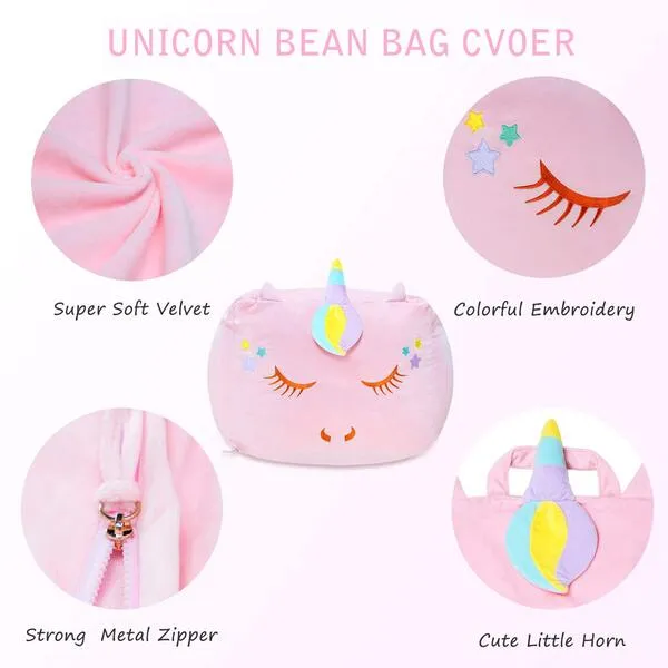 Unicorn Stuffed Animal Toy Storage, Kids Bean Bag Chair COVER ONLY, Velvet Extra Soft Stuffed Organization Replace Mesh Toy Hammock for Kids Blankets Towels Clothes Home Supplies Pink